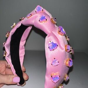 Pink gem heart Handmade silky sewn Valentine’s Day knot knotted velvet headband